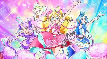 Vibrant HD anime desktop wallpaper featuring You and Idol Precure characters in colorful outfits with magical, sparkling pastel background.