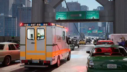 High-quality wallpaper featuring an ambulance navigating city traffic, inspired by the video game Ambulance Life: A Paramedic Simulator. City skyline and road signs are visible.