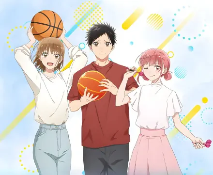 Anime Blue Box 2K Quad HD desktop wallpaper — Chinatsu Kano, Taiki Inomata, and Hina Chouno smiling with basketballs against a light blue, dotted pastel background.