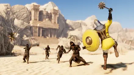 A vibrant 4K Ultra HD wallpaper from the video game Eyes of War, featuring a dynamic scene of a warrior in yellow armor facing off against shadowy enemies in a desert landscape.
