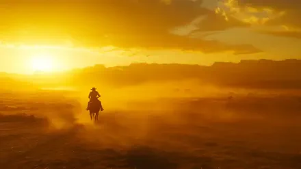 A cowboy rides a horse through a dusty landscape during the golden hour, with vibrant sunset hues illuminating the scene, capturing a moment of serene adventure.
