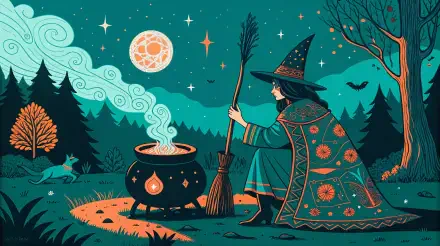 A whimsical witch in a colorful cloak stirs a cauldron under a starry night sky, surrounded by trees and a curious fox, capturing the essence of witchcore in a vibrant 4K Ultra HD wallpaper.