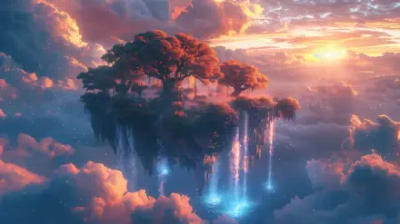 A stunning fantasy landscape featuring a floating island inspired by Yggdrasil, with vibrant trees and cascading waterfalls surrounded by colorful clouds at sunset. Perfect as HD wallpaper.