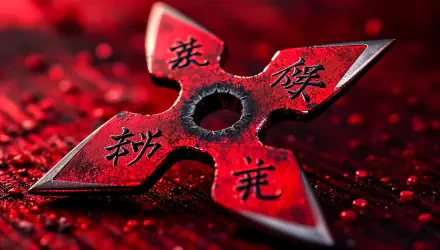 Close-up of a red shuriken with intricate markings, set against a dark, textured background. This 4K Ultra HD wallpaper showcases the striking details of the ninja star.