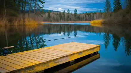 A serene, secluded fishing spot featuring a wooden dock by a tranquil lake, surrounded by lush trees and reflecting clouds in the clear water. Captured in vibrant 4K Ultra HD.