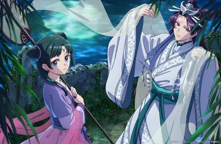 HD anime desktop wallpaper featuring Maomao and Jinshi from The Apothecary Diaries, set against a serene moonlit night with lush greenery.