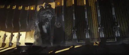 Dark, imposing Helldivers 2 statue stands in a grand hall with towering columns, captured in 8K Ultra HD for a dramatic PC desktop wallpaper background.