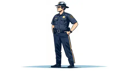 A confident police officer stands with hands on hips, wearing a uniform and hat, set against a clean backdrop, showcasing a 4K Ultra HD design for PC desktop wallpaper.
