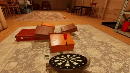 A vibrant HD wallpaper from the TrickShot Simulator video game, featuring a dartboard surrounded by wooden boxes on a patterned rug in a cozy indoor setting.