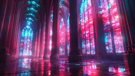 A stunning futuristic cathedral interior featuring vibrant neon stained glass windows, casting colorful reflections on polished floors, perfect for a HD PC desktop wallpaper.
