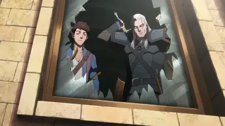 Anime-inspired HD wallpaper featuring characters from The Witcher: Sirens of the Deep, showcasing two figures breaking through a shattered frame.