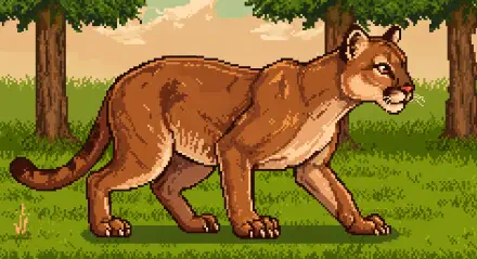 A stylized cougar walks through a lush green landscape, featuring trees and a serene background, captured in vibrant detail as a 4K Ultra HD PC desktop wallpaper.