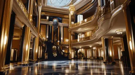 A stunning Art Deco mansion interior features grand architecture with luxurious details, highlighted by elegant lighting and a beautiful skylight, presented in vibrant 4K Ultra HD.