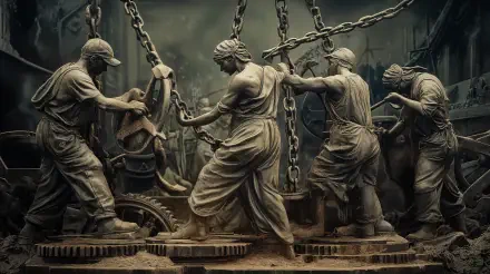 A dramatic 4K Ultra HD wallpaper depicting hardworking men in a gritty industrial setting, engaged in labor amidst chains and machinery, symbolizing the concept of wage slavery.