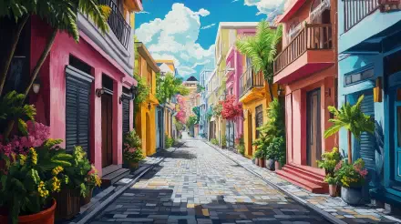 A vibrant street lined with colorful buildings and lush greenery, captured in stunning detail, perfect for a 4K Ultra HD PC desktop wallpaper and background.