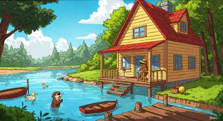 A charming lake house by a serene blue lake, featuring a dock, a woman relaxing on the porch, and playful wildlife, set against a backdrop of lush greenery and bright skies.