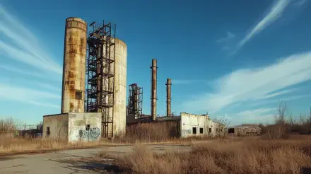 An abandoned factory with rusty silos and smokestacks, surrounded by overgrown grass, under a clear blue sky. A striking 4K Ultra HD desktop wallpaper and background.