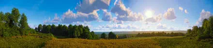 Kingdom Come: Deliverance II 5K Ultra HD PC desktop wallpaper showing a sunlit medieval countryside: golden field, tree line and distant village beneath a blue sky with fluffy clouds.