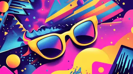 A vibrant 4K Ultra HD digital art wallpaper featuring retro 80s-style colorful abstract shapes and bold yellow sunglasses.