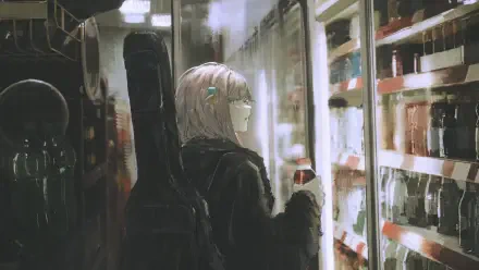 4K Ultra HD anime wallpaper featuring Hitori Gotou from Bocchi the Rock! standing in front of a vending machine with her guitar case on her back.