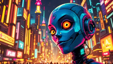 A vibrant Synthoid portrait set against a futuristic cityscape, featuring neon lights and a colorful backdrop, showcased as a 4K Ultra HD PC desktop wallpaper.