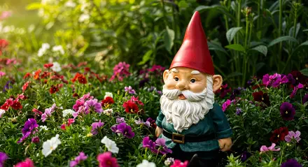 A cheerful garden gnome stands amidst vibrant flowers, capturing a whimsical outdoor scene. This image serves as a stunning 4K Ultra HD desktop wallpaper and background.