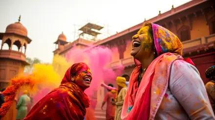 Vibrant Holi celebration featuring two joyful women covered in colorful powders, laughing amidst a backdrop of swirling pink and yellow hues. 4K Ultra HD desktop wallpaper.