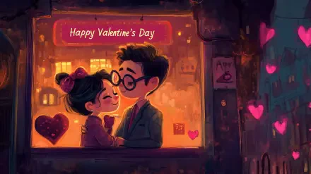 A charming HD desktop wallpaper featuring a couple sharing a sweet moment, surrounded by hearts and warm lights, with Happy Valentine's Day displayed above them.