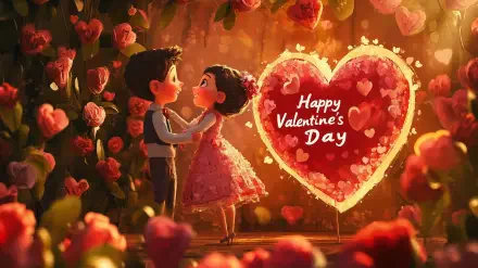 A charming illustration of a couple sharing a tender moment surrounded by roses, with a glowing heart that reads Happy Valentine's Day, perfect for a romantic desktop wallpaper.