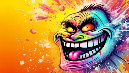 Colorful troll face illustration with exaggerated features and a playful expression, set against a vibrant, abstract background. 4K Ultra HD PC desktop wallpaper.