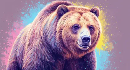A vibrant 4K Ultra HD wallpaper featuring a detailed portrait of a grizzly bear, highlighted against a colorful background of splashes and patterns.