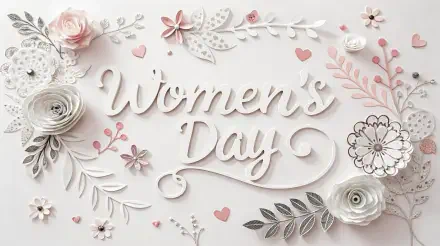 A beautiful 4K Ultra HD wallpaper celebrating Women's Day, featuring elegant floral designs and delicate lettering in soft pink and white tones.