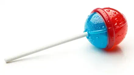 A vibrant lollipop with red and blue colors, featuring a glistening surface, captured in a 4K Ultra HD resolution, perfect for a desktop wallpaper or background.