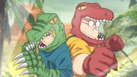 HD PC wallpaper of Sakamoto Days: Taro Sakamoto and Shin in red and green dinosaur hood costumes, back-to-back with claws out against a sunlit outdoor background.
