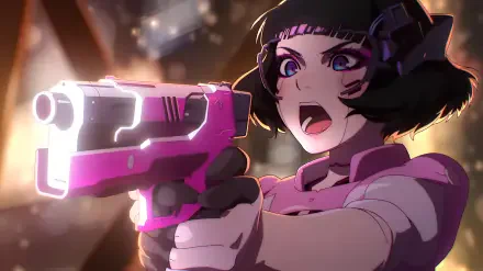 Sasha Yakovleva from Cyberpunk: Edgerunners aims a glowing pink gun with intensity in this vibrant 4K Ultra HD PC desktop wallpaper and background.
