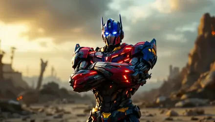 A striking Autobot stands confidently in a desolate landscape, illuminated by a dramatic sunset. This 4K Ultra HD image serves as an eye-catching desktop wallpaper.