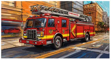 A vibrant 4K Ultra HD wallpaper of a red ladder fire truck parked in an urban scene, showcasing emergency vehicle details and highlighting first responders.