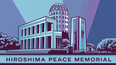 Colorful illustration of the Hiroshima Peace Memorial, featuring prominent structures against a vibrant background, presented as a 4K Ultra HD desktop wallpaper.