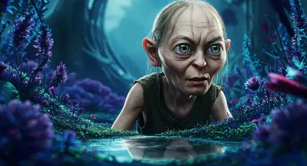 A detailed 4K Ultra HD wallpaper featuring Gollum, depicted in a mystical forest setting with vibrant flora and a reflective pool, highlighting his intense gaze and unique features.