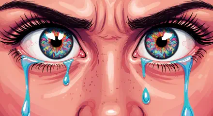 Close-up of intense, angry eyes with colorful irises and tears streaming down, creating a striking 4K Ultra HD PC desktop wallpaper and background.