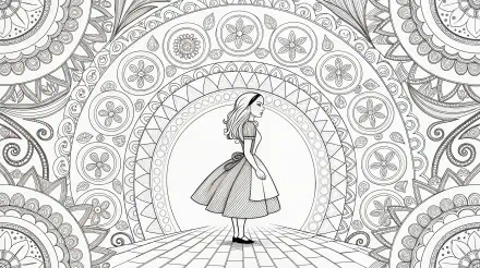 A 4K Ultra HD desktop wallpaper featuring Alice from Alice in Wonderland, standing in a whimsical, intricately patterned landscape with circular floral designs.