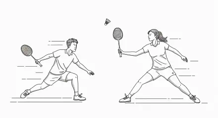 A dynamic badminton scene featuring a male and female player in motion, set against a minimalist background. This illustration serves as a 4K Ultra HD PC desktop wallpaper.