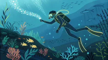 A vibrant 4K Ultra HD wallpaper depicting a diver exploring an underwater scene, surrounded by colorful coral and fish, creating a serene aquatic atmosphere.