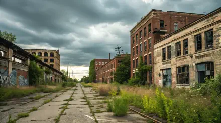 An atmospheric scene of urban decay shows crumbling buildings alongside overgrown vegetation and a cracked road under a moody sky. Ideal for a 4K Ultra HD desktop wallpaper.