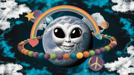 A whimsical alien planet scene features a cartoonish alien face, colorful planets, a rainbow, and playful symbols, designed as an eye-catching 4K Ultra HD desktop wallpaper.