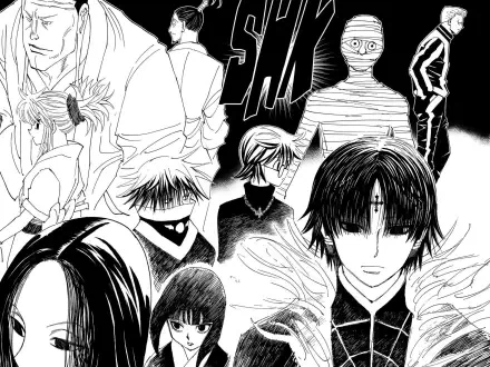 Black and white manga illustration featuring characters from Hunter x Hunter's Phantom Troupe, including Chrollo Lucilfer and Bonolenov Ndongo, set against a dramatic background.