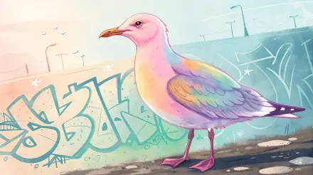 A colorful seagull stands against a graffitied wall, bringing a vibrant touch to this 4K Ultra HD PC desktop wallpaper and background.
