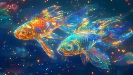 A vibrant underwater scene featuring colorful goldfish swimming, illuminated by shimmering lights, creating a stunning HD desktop wallpaper background.