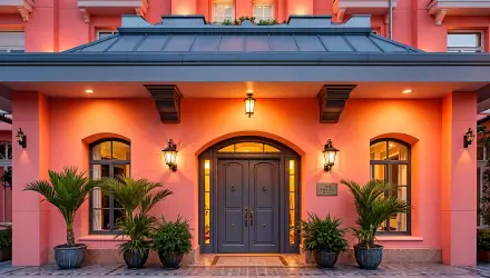 4K Ultra HD wallpaper showing a pink hotel entrance with elegant architectural design, featuring double doors, arched windows, and potted plants under warm lighting.