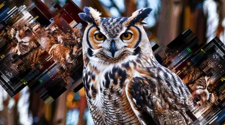 A great horned owl with striking yellow eyes captured in vivid detail, featured in a 4K Ultra HD wildlife and nature desktop wallpaper.